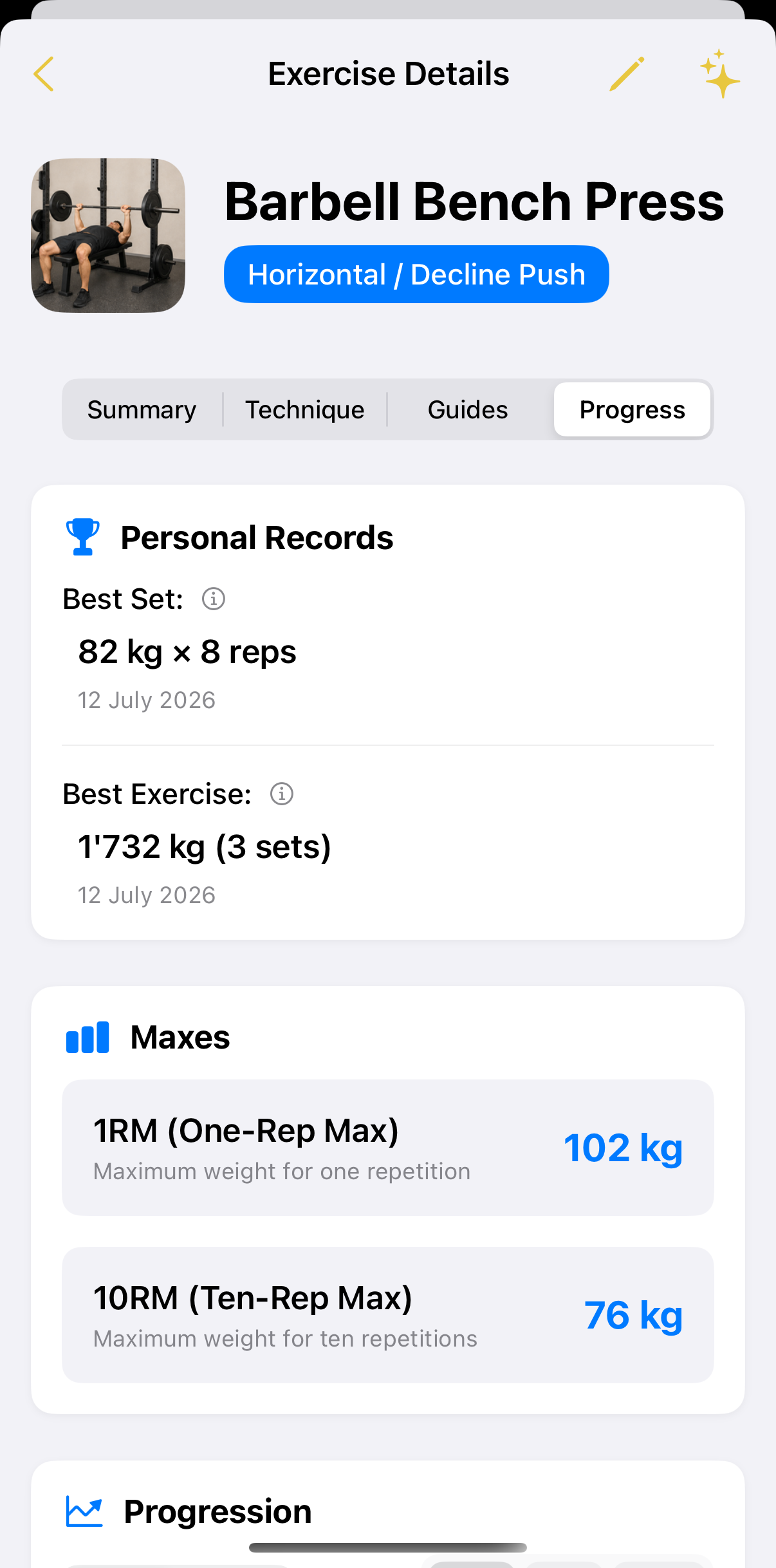 Sthenos exercise progress chart with estimated 1RM trend and history