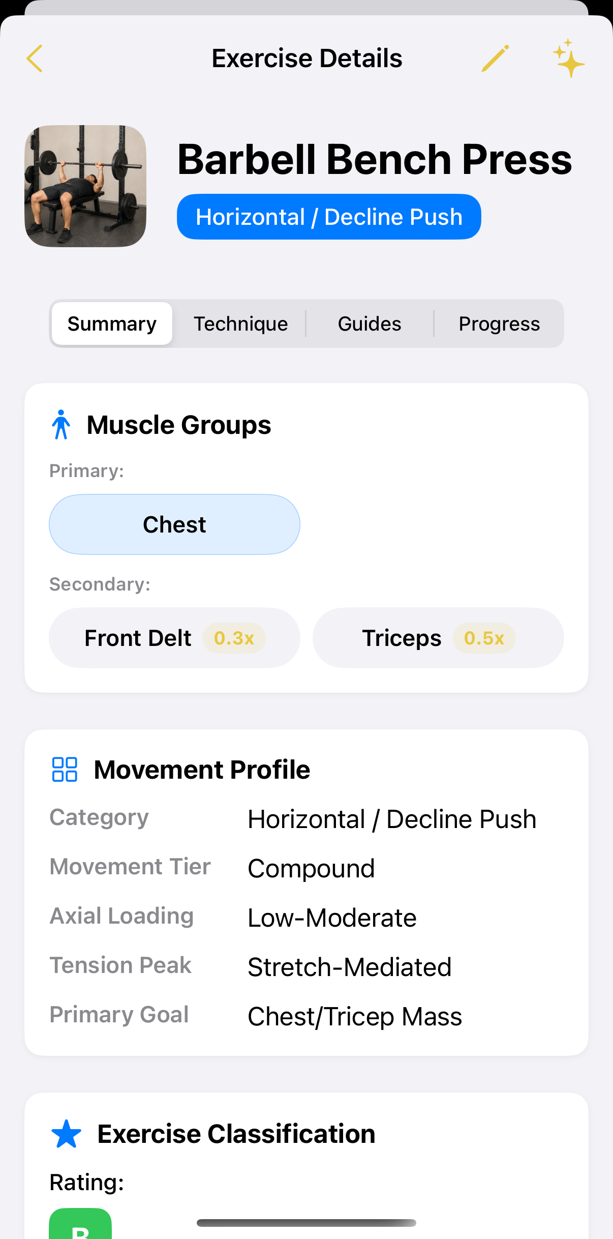 Sthenos exercise detail with muscle groups and movement profile