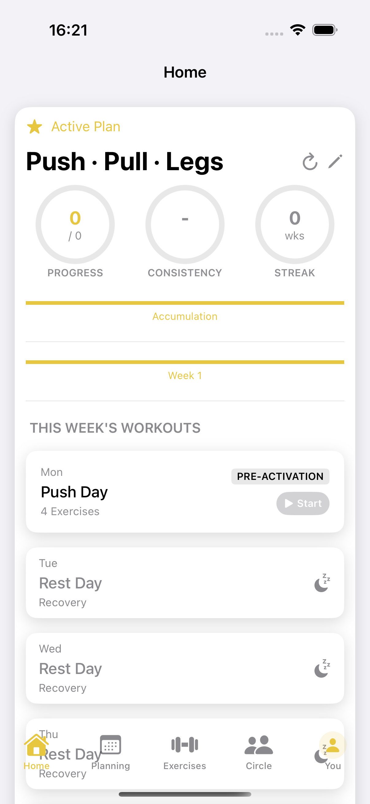 Sthenos home dashboard with muscle readiness and weekly volume